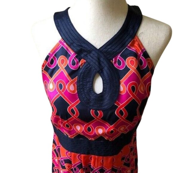 ANN TAYLOR LOFT SLEEVELESS NAVY/PINK/ORANGE PRINT HALTER DRESS 4-EUC - Picture 3 of 11